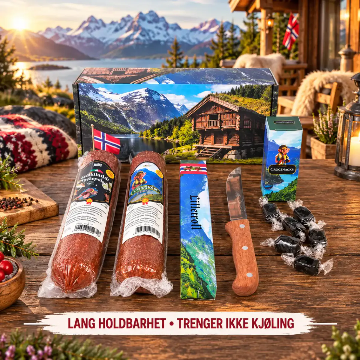 Spekepakke med to pølser, snacks og kniv