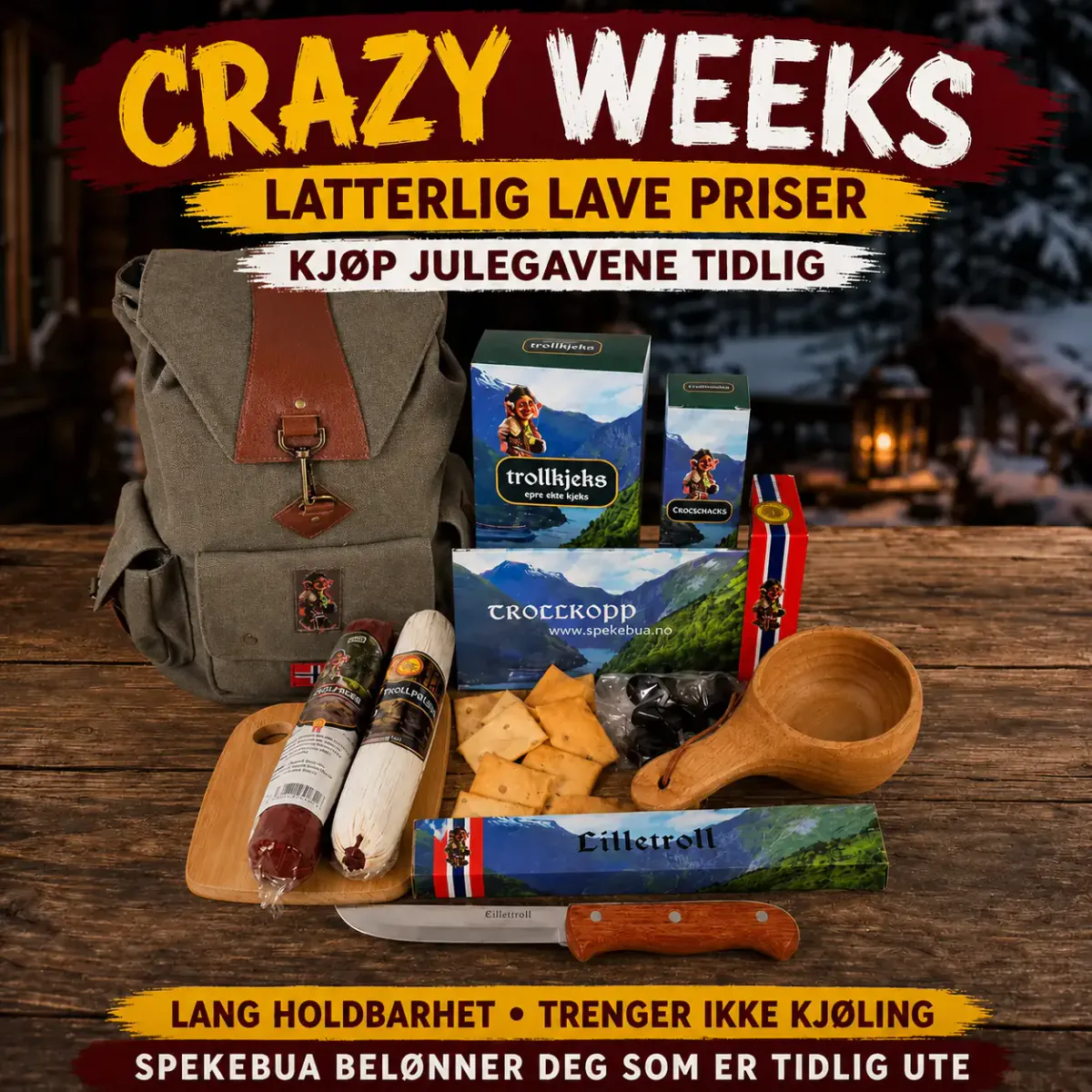 Crazy Weeks Trollsekk med pølser, snacks og kniv